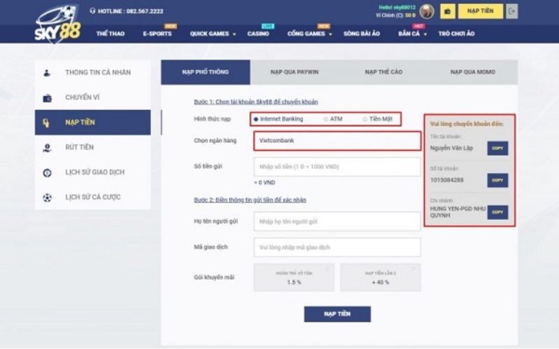 Cách nạp tiền vào tài khoản nhà cái Sky88